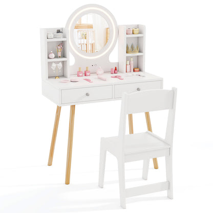 Kids Vanity Set with Lighted Mirror and Storage Drawers-White - White