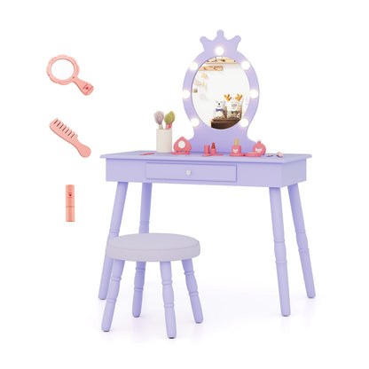 Kids Vanity Set with Lighted Mirror with Adjustable Brightness and Large Drawer-Purple - Purple