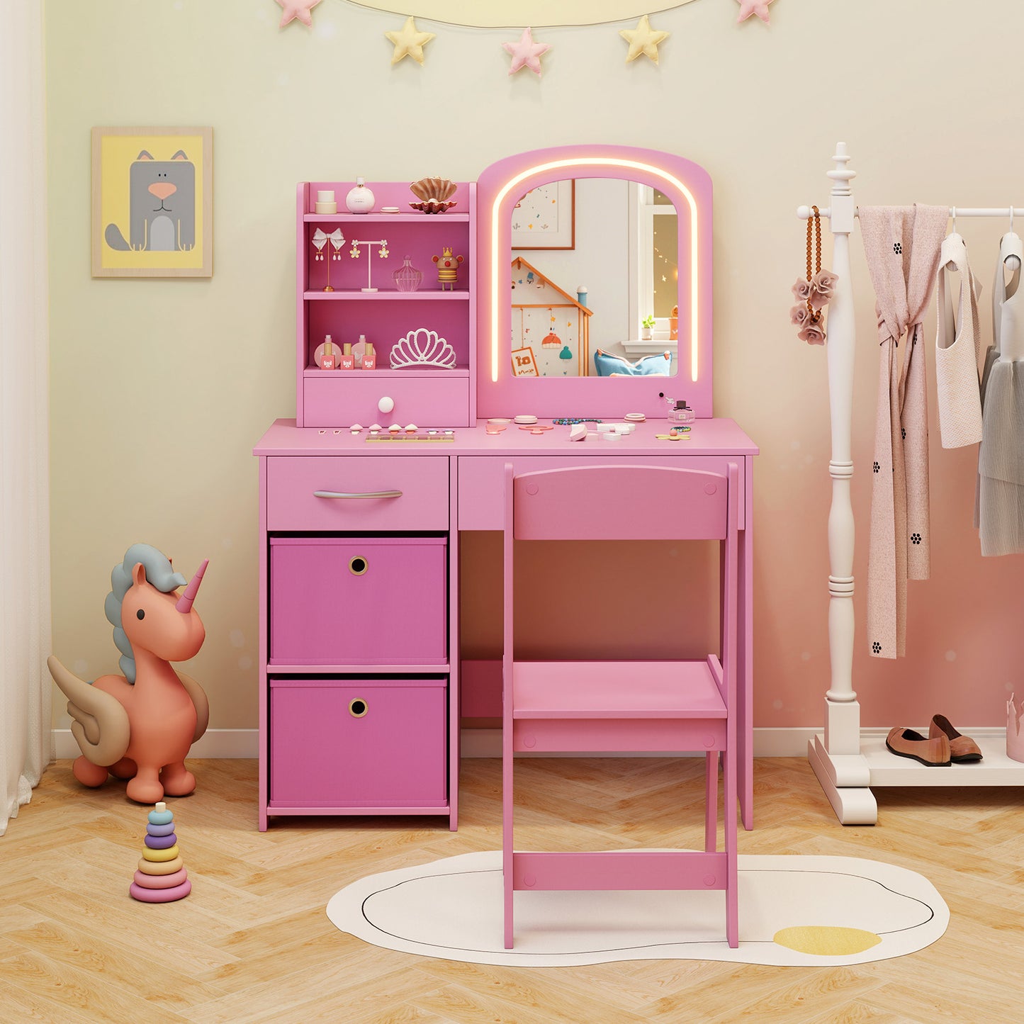 Kids Vanity Set with Lighted Mirror Makeup Desk and Chair Set with Drawers