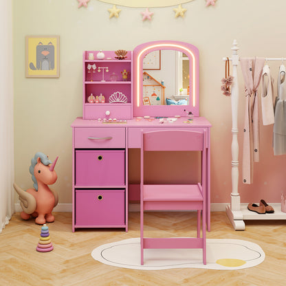 Kids Vanity Set with Lighted Mirror Makeup Desk and Chair Set with Drawers