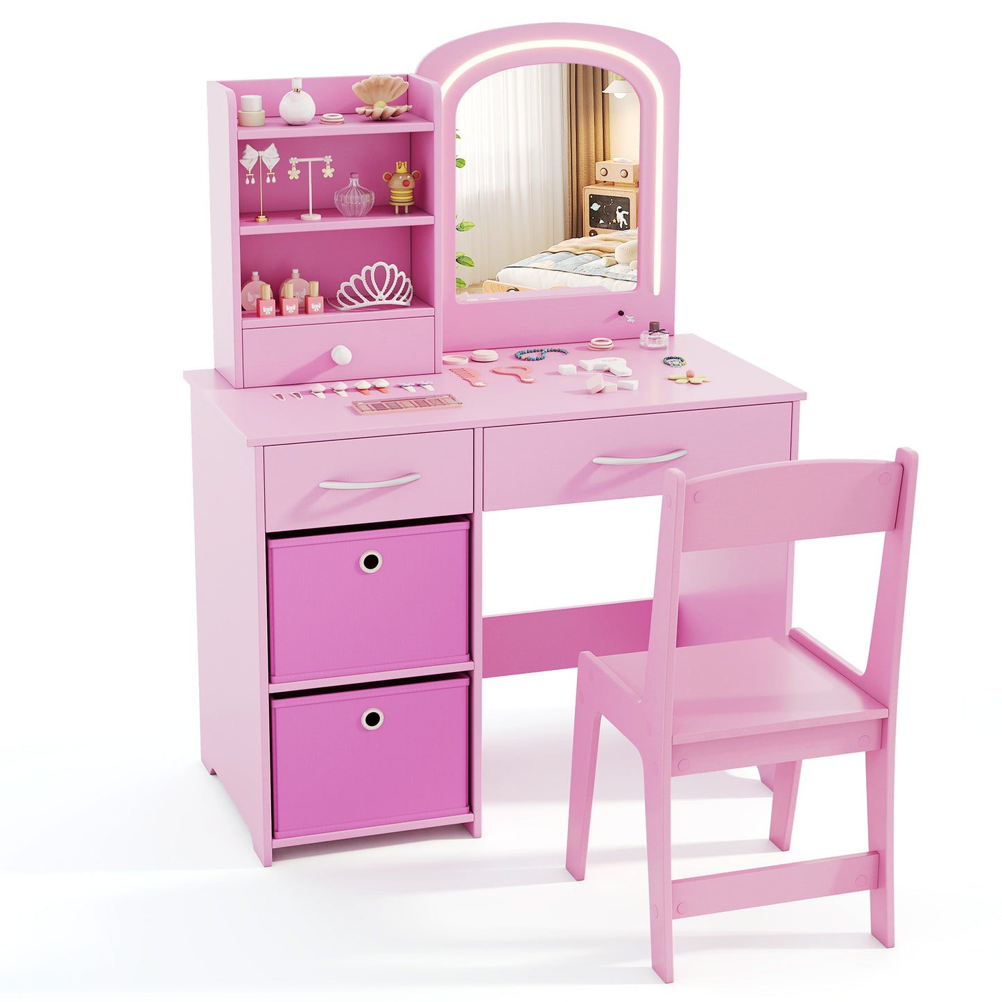 Kids Vanity Set with Lighted Mirror Makeup Desk and Chair Set with Drawers