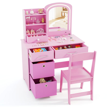 Kids Vanity Set with Lighted Mirror Makeup Desk and Chair Set with Drawers