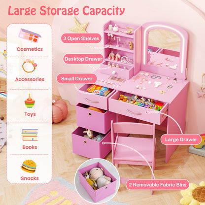 Kids Vanity Set with Lighted Mirror Makeup Desk and Chair Set with Drawers