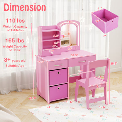 Kids Vanity Set with Lighted Mirror Makeup Desk and Chair Set with Drawers