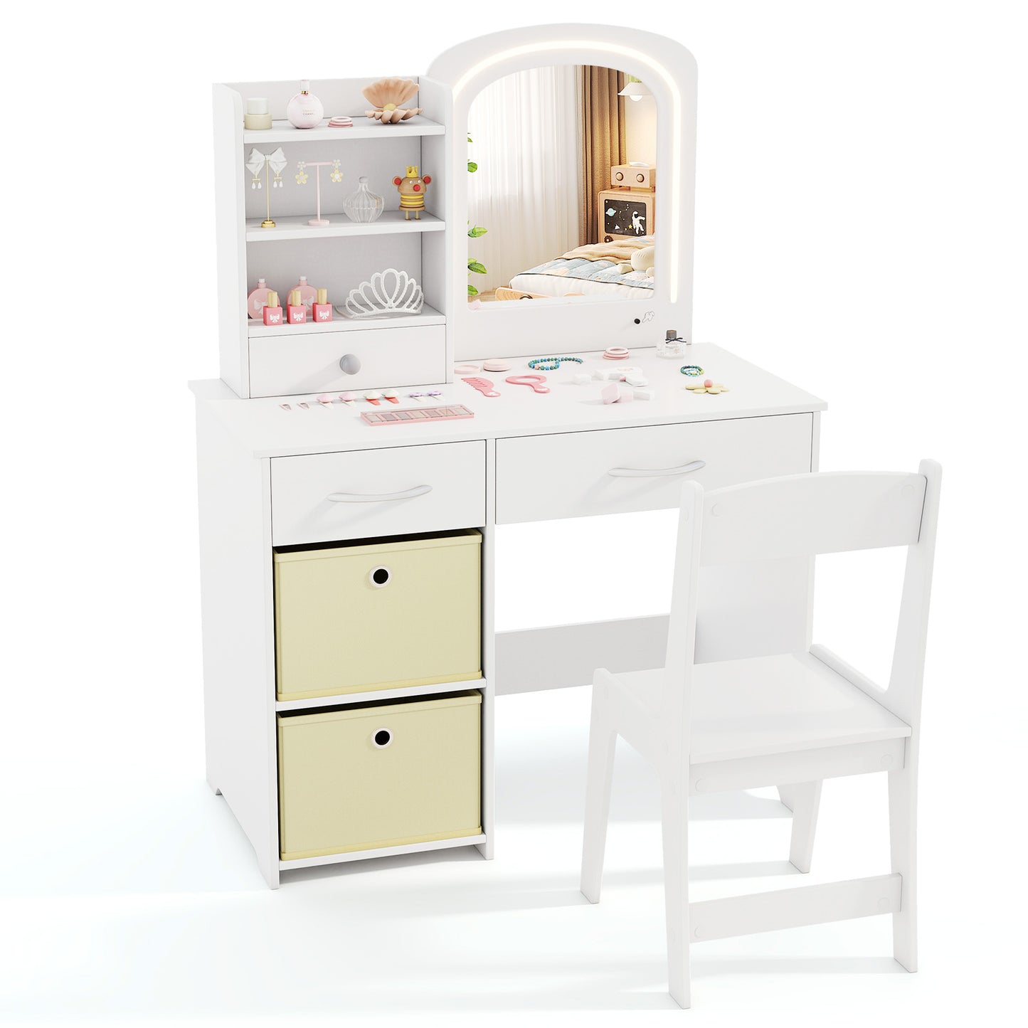 Kids Vanity Set with Lighted Mirror Makeup Desk and Chair Set with Drawers-White - White