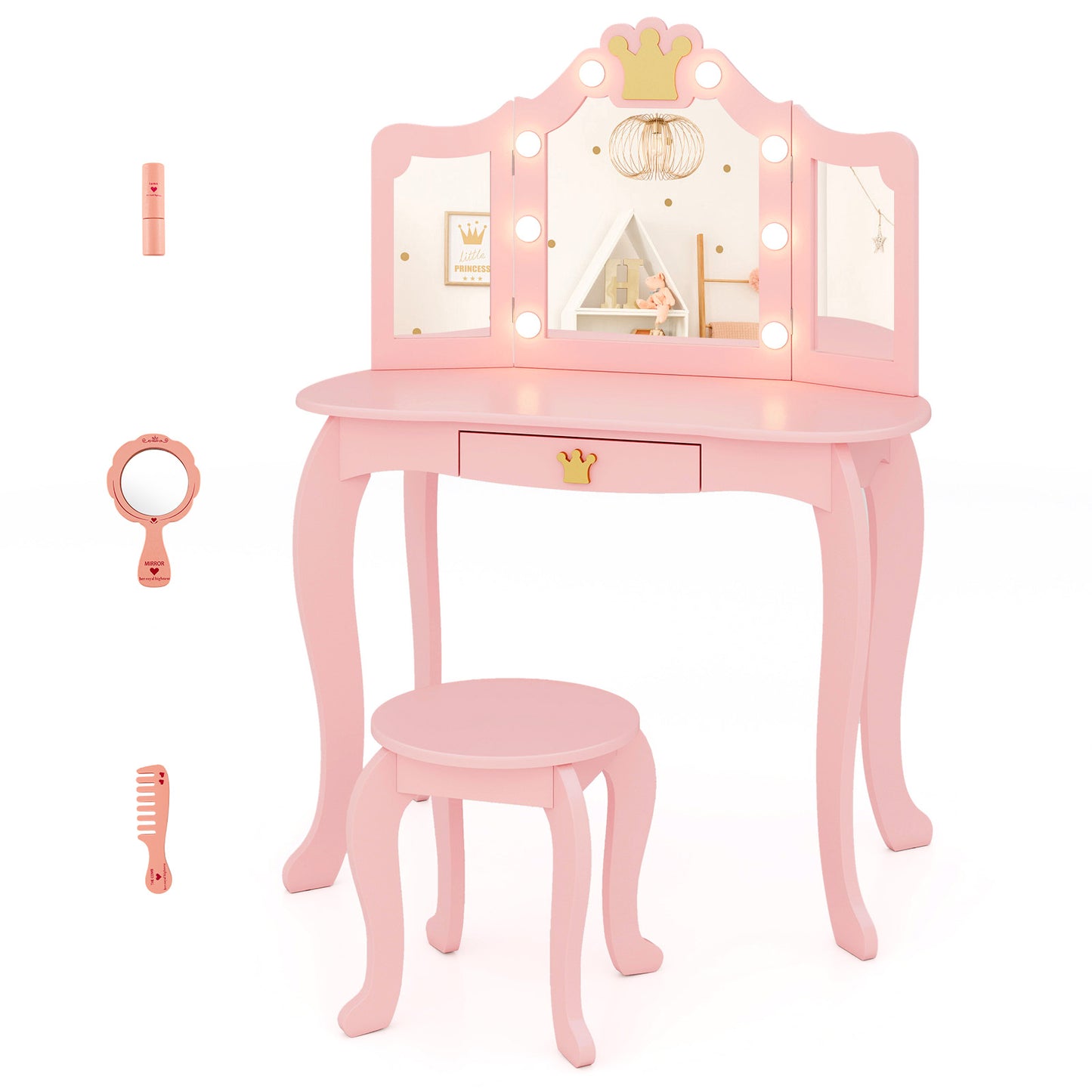 Kids Vanity Set with Tri-fold Lighted Mirror Detachable Top and Stool-Purple - Pink