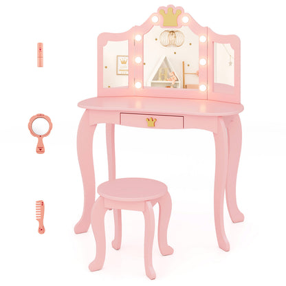 Kids Vanity Set with Tri-fold Lighted Mirror Detachable Top and Stool-Purple - Pink