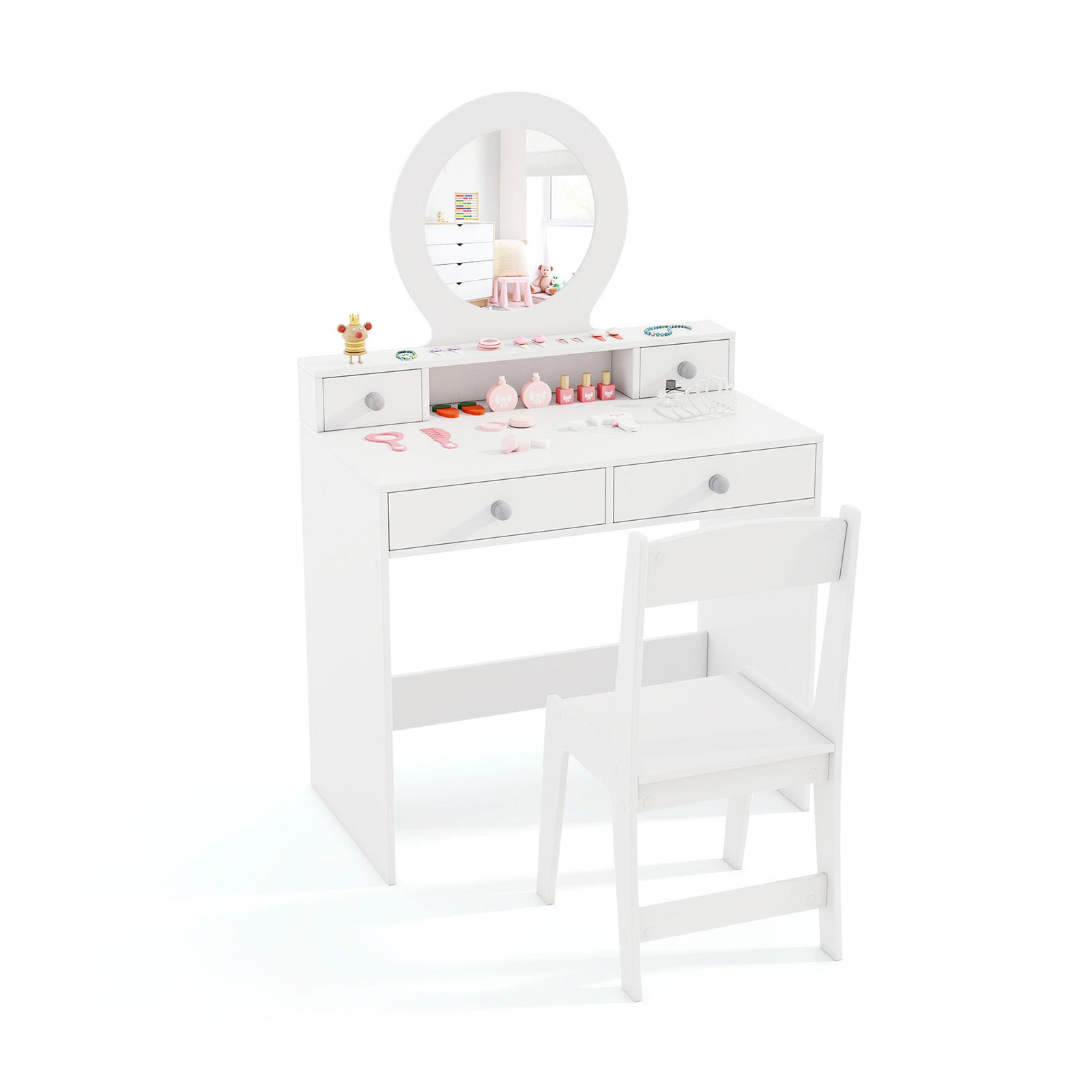 Kids Vanity Set with Mirror Princess Makeup Dressing Desk and Chair Set with Mirror-Pink - White