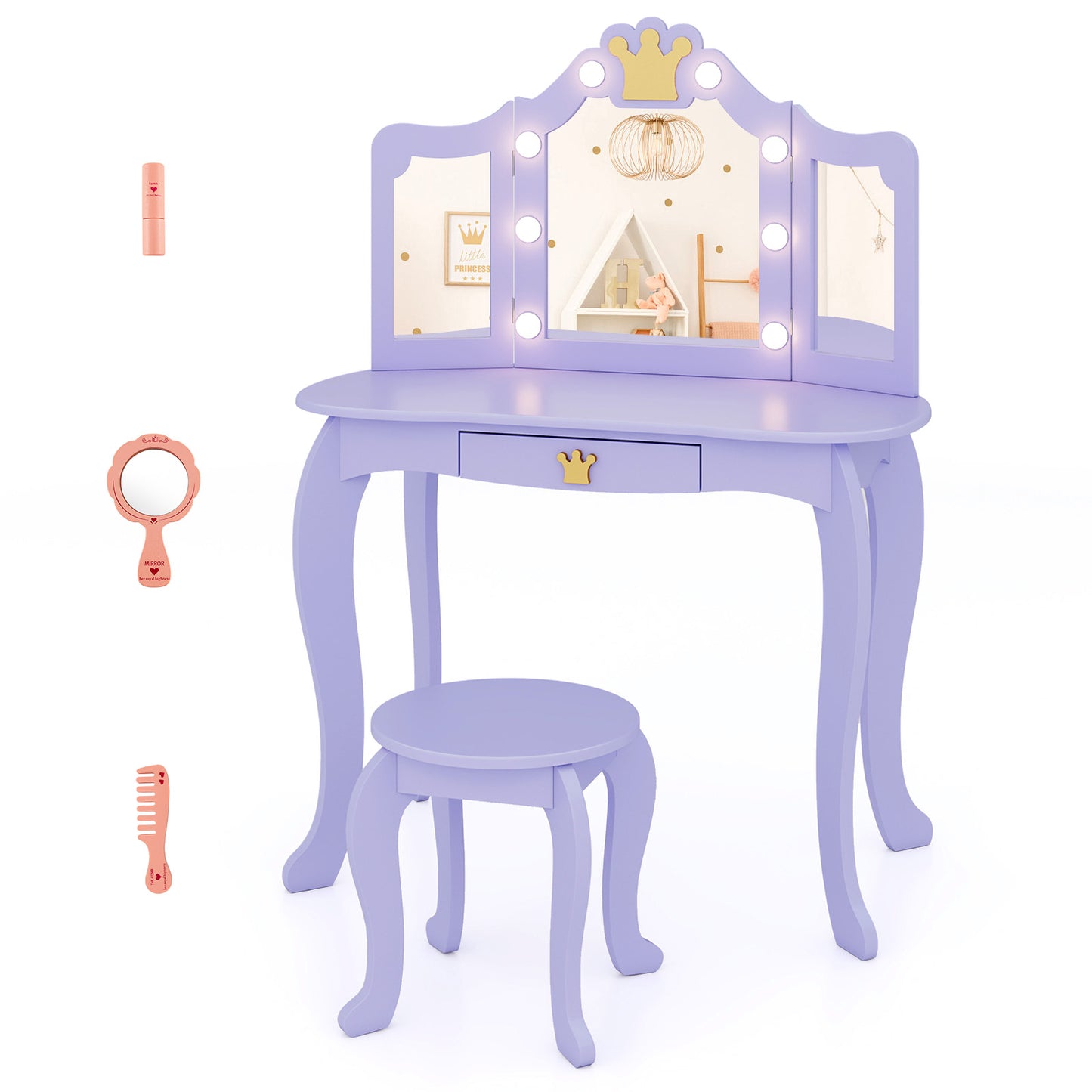 Kids Vanity Set with Tri-fold Lighted Mirror Detachable Top and Stool-Purple - Purple