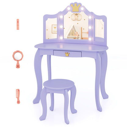 Kids Vanity Set with Tri-fold Lighted Mirror Detachable Top and Stool-Purple - Purple