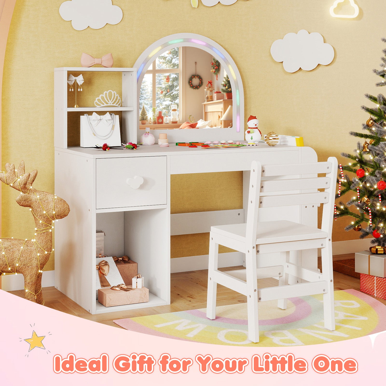 Kids Vanity Table and Chair Set with Lighted Mirror for Kids Aged 3+ Years Old-White
