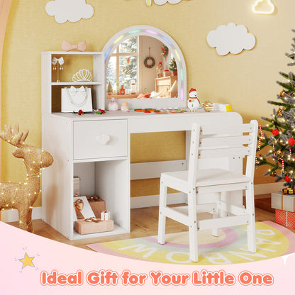 Kids Vanity Table and Chair Set with Lighted Mirror for Kids Aged 3+ Years Old-White