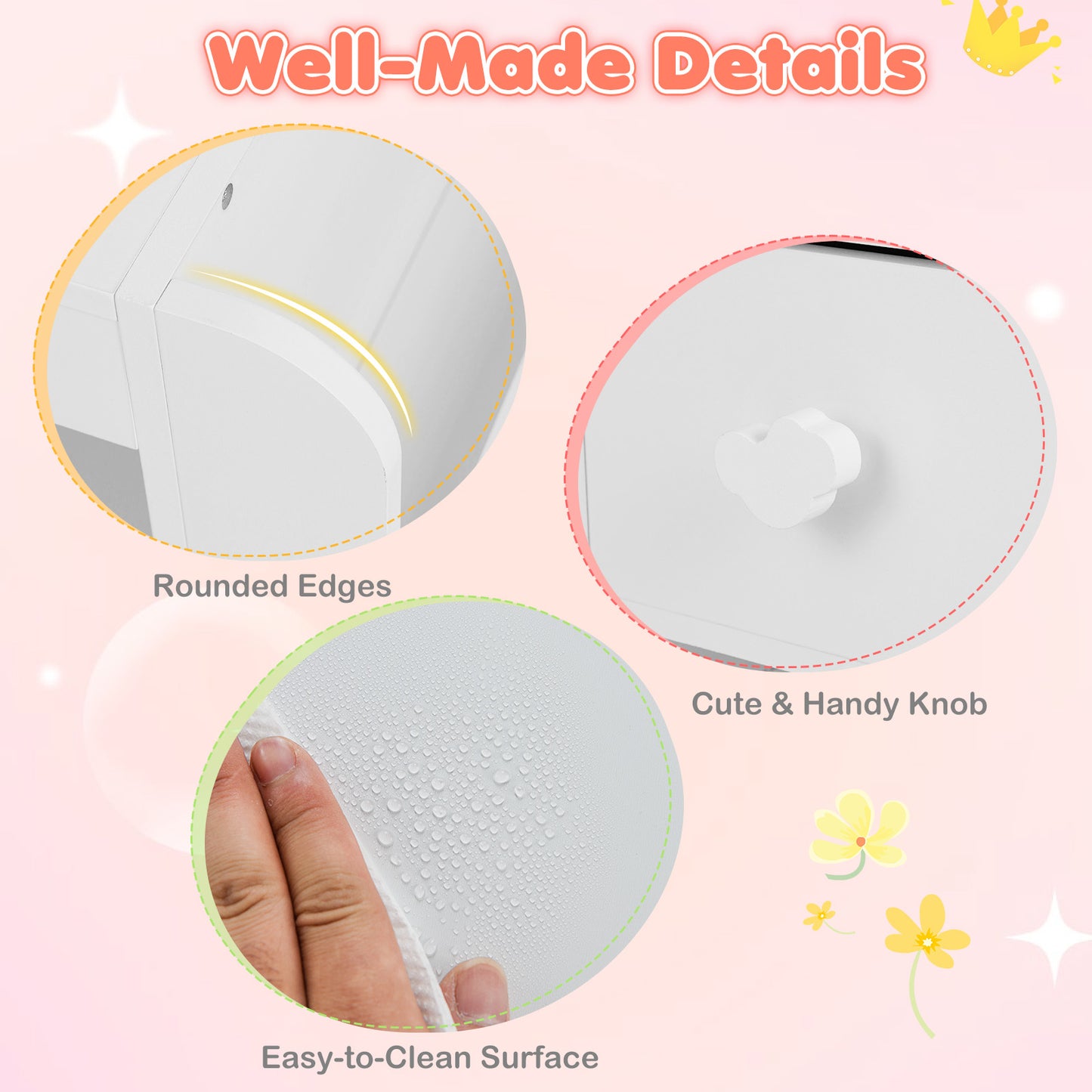 Kids Vanity Table and Chair Set with Lighted Mirror for Kids Aged 3+ Years Old-White