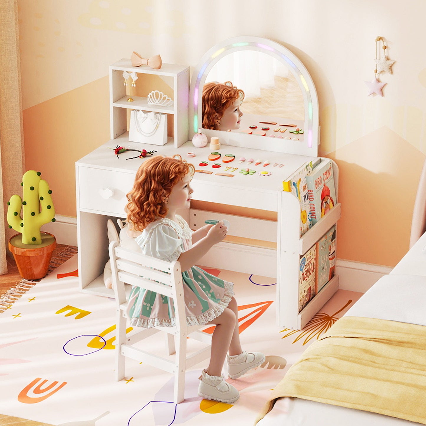 Kids Vanity Table and Chair Set with Lighted Mirror for Kids Aged 3+ Years Old-White