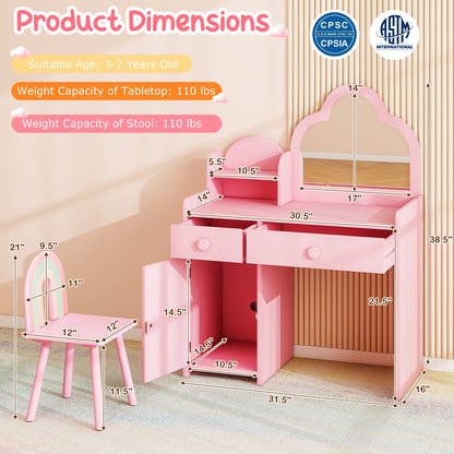 Kids Vanity Table and Chair Set with Cloud-shaped Mirror and Open Shelf