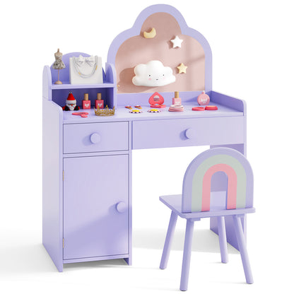 Kids Vanity Table and Chair Set with Cloud-shaped Mirror and Open Shelf-Pink - Purple