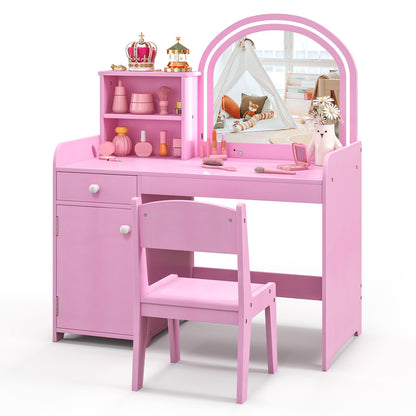 Kids Vanity Table and Chair Set with Shelves Drawer and Cabinet-Pink - Pink