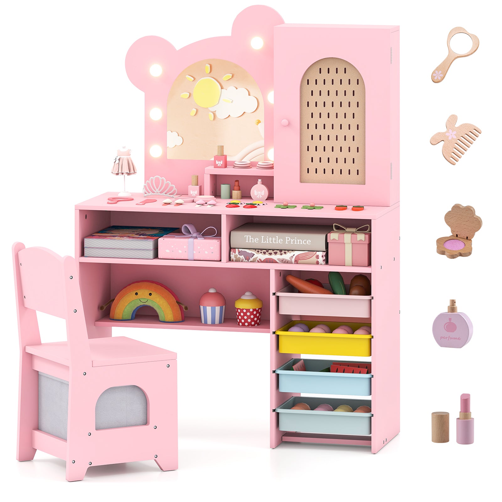 Kids Vanity with Lights and 5 Drawers for Kids Aged 3+ Years Old-Pink