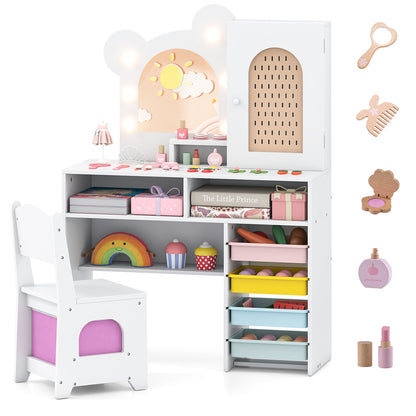 Kids Vanity with Lights and 5 Drawers for Kids Aged 3+ Years Old-White