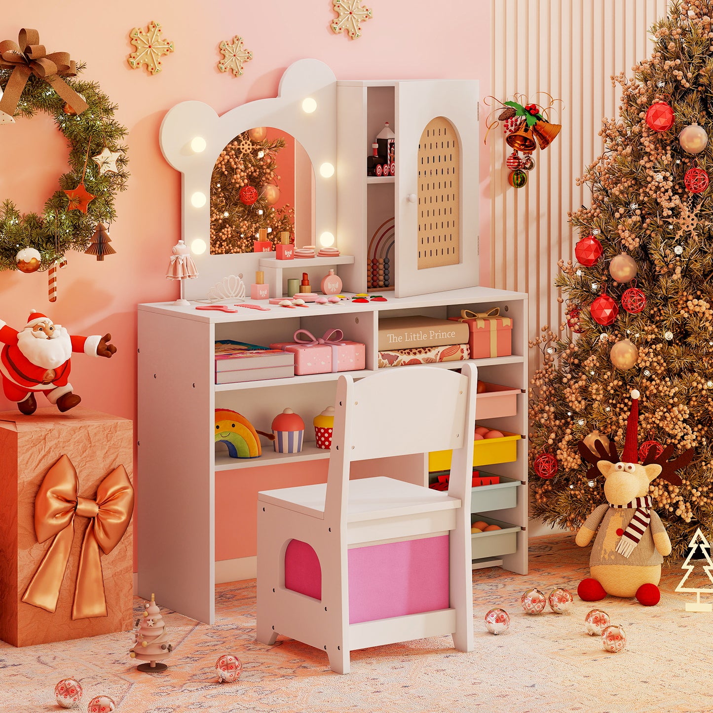 Kids Vanity with Lights and 5 Drawers for Kids Aged 3+ Years Old-White