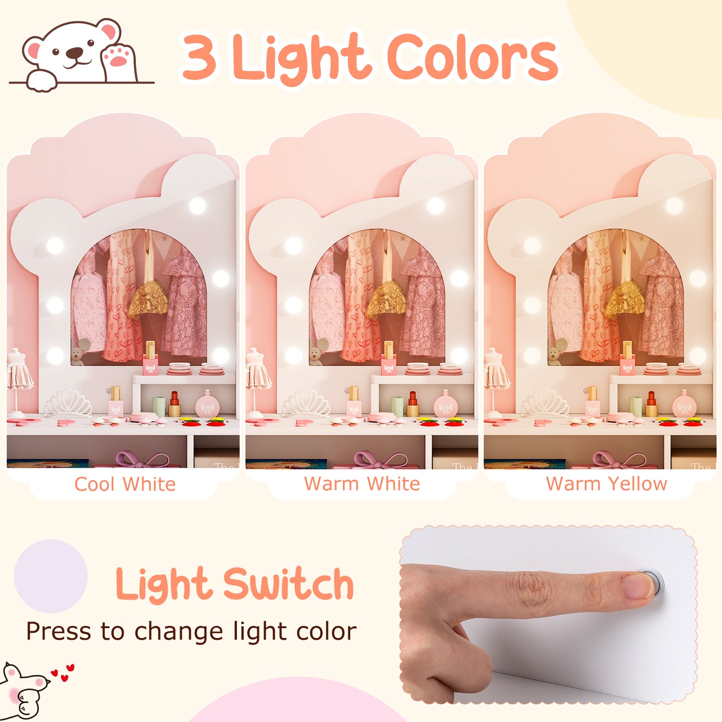 Kids Vanity with Lights and 5 Drawers for Kids Aged 3+ Years Old-White