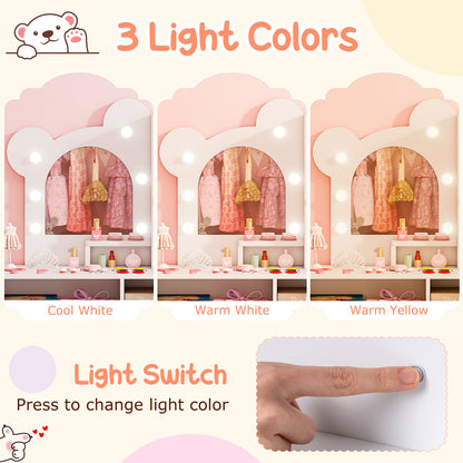 Kids Vanity with Lights and 5 Drawers for Kids Aged 3+ Years Old-White