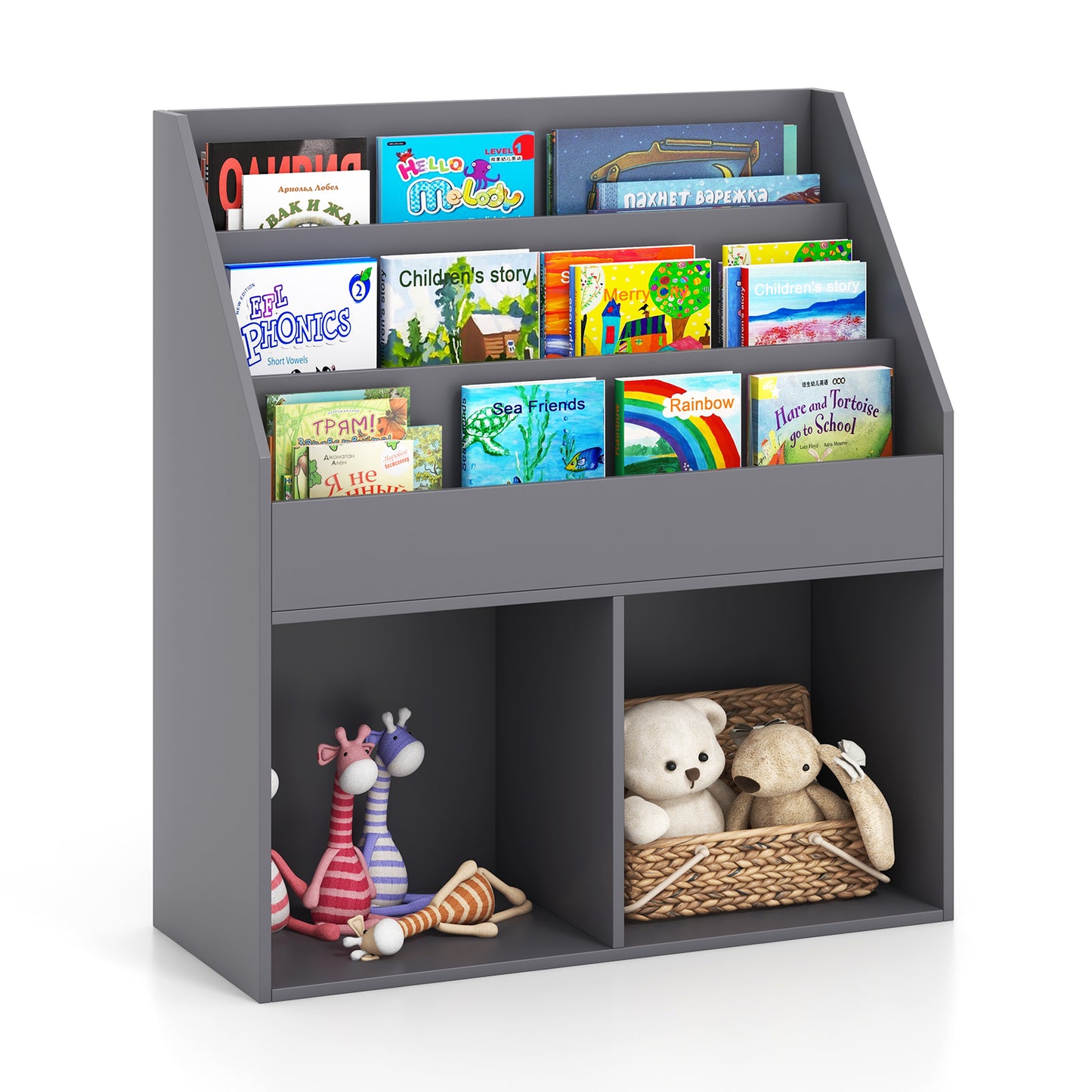 Kids Wooden Bookshelf Bookcase Children Toy Storage Cabinet Organizer-Gray - Gray