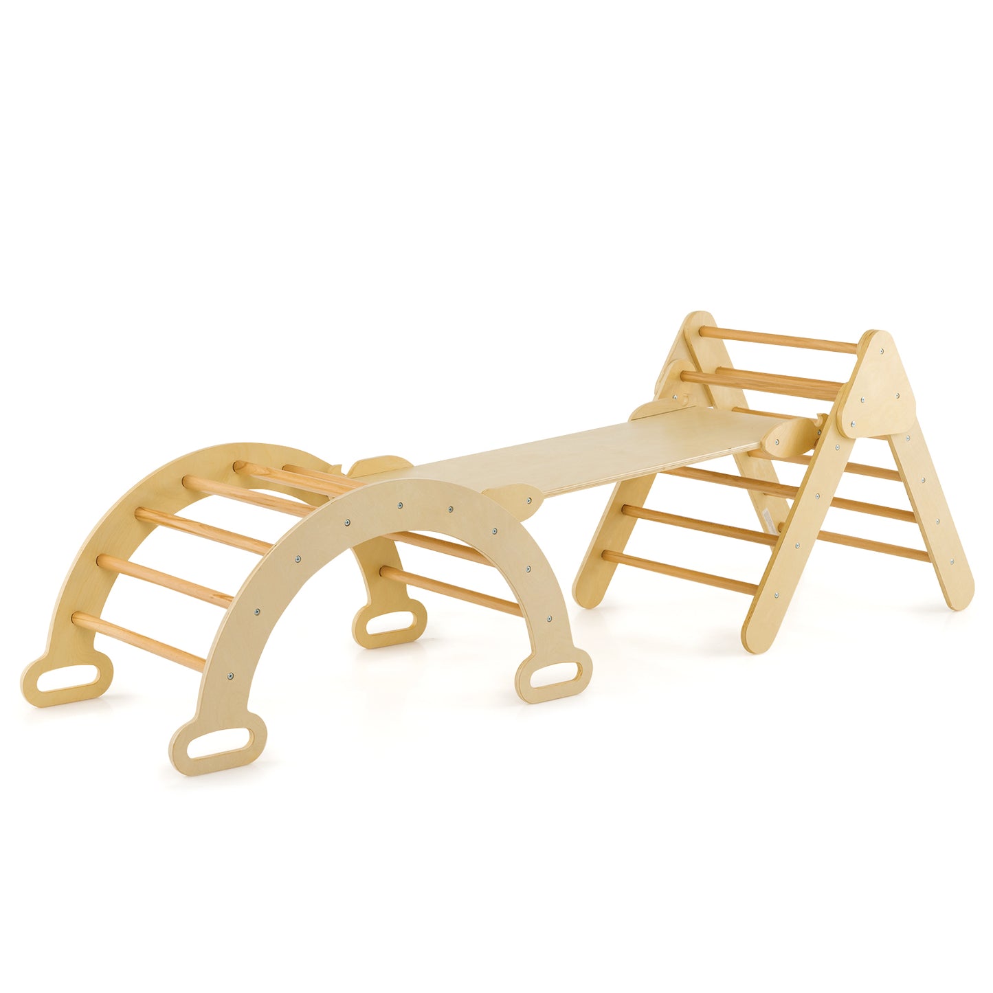 5-in-1 Wooden Kids Climber Toys with Triangle Arch Ramp-Natural - Natural