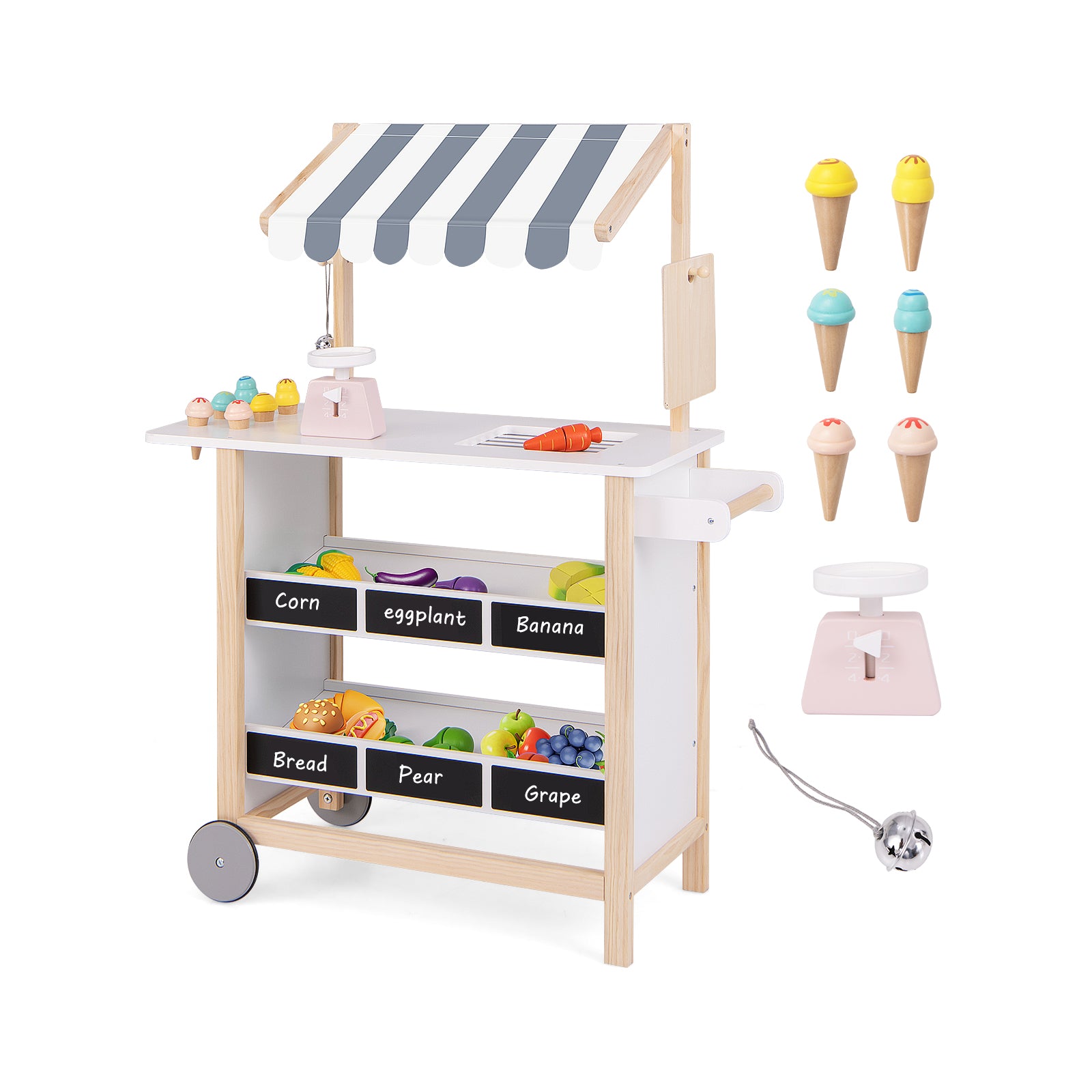 Kids Wooden Ice Cream Cart with Chalkboard and Storage for over 3 Years Old-White - White