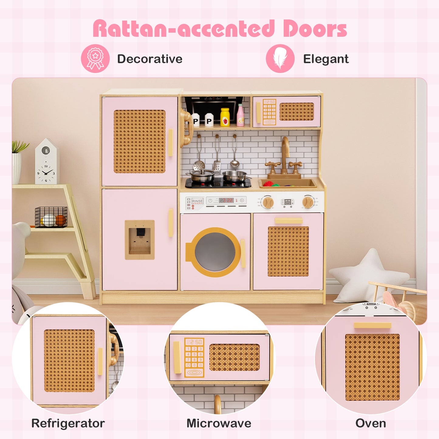 Kids Wooden Kitchen Playset with Realistic Lights and Sounds-Pink
