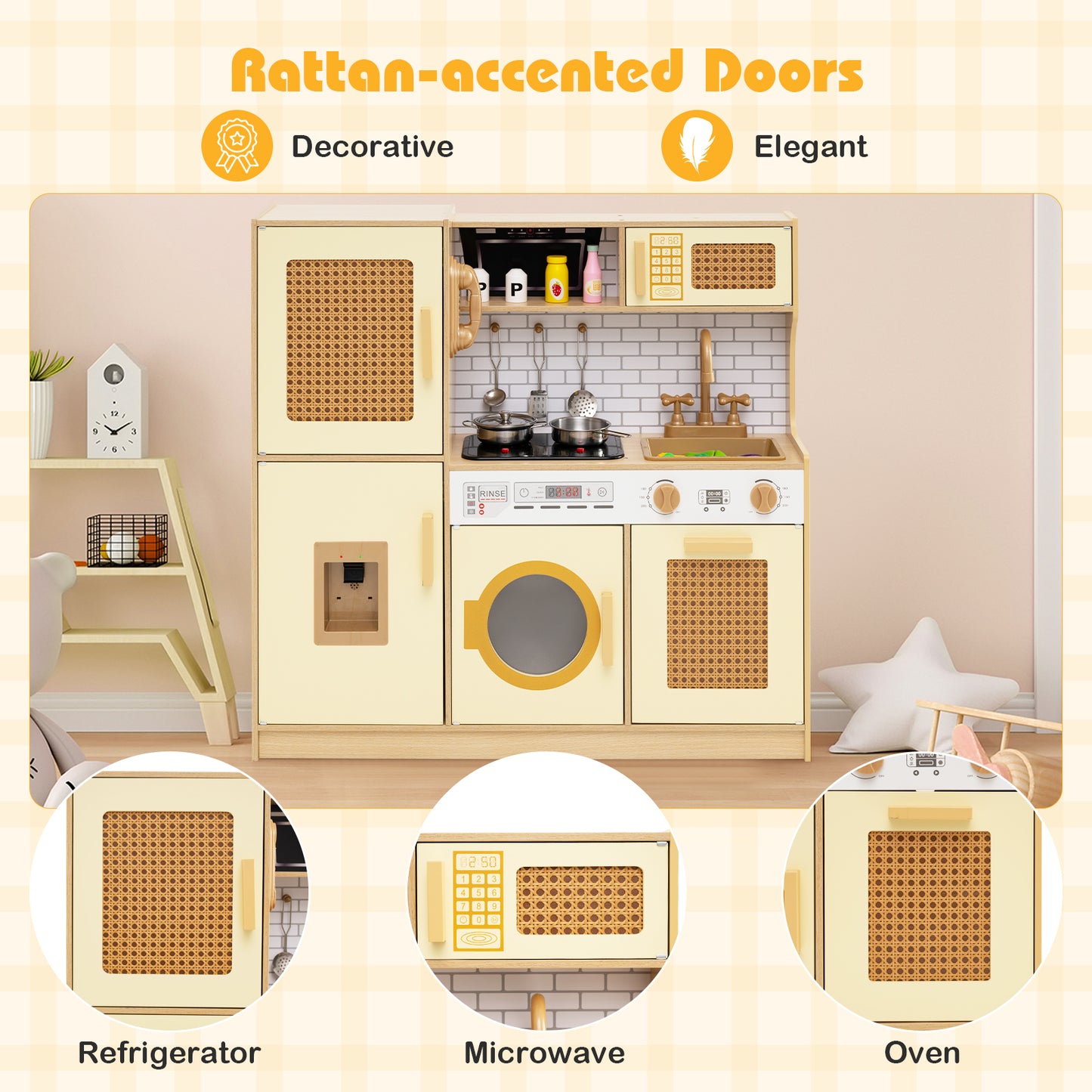 Kids Wooden Kitchen Playset with Realistic Lights and Sounds-Yellow