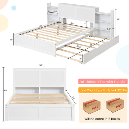 Twin/Full Kids Wooden Platform Bed with Trundle Storage Headboard