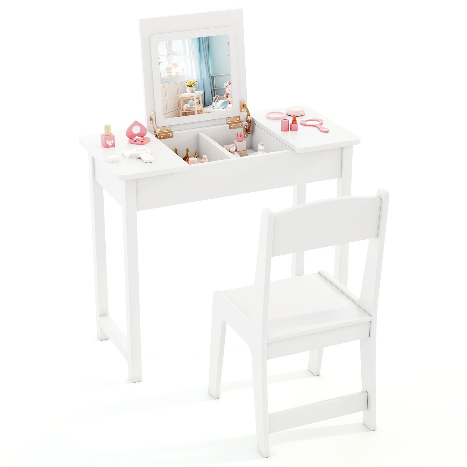 2-in-1 Kids Vanity Makeup Table and Chair Set with Flip Top Mirror-Pink - White