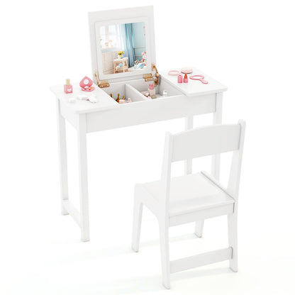 2-in-1 Kids Vanity Makeup Table and Chair Set with Flip Top Mirror-Pink - White