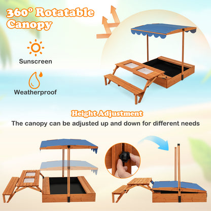 Kids Wooden Sand Box with Foldable Picnic Sensory Table and Bench-Natural