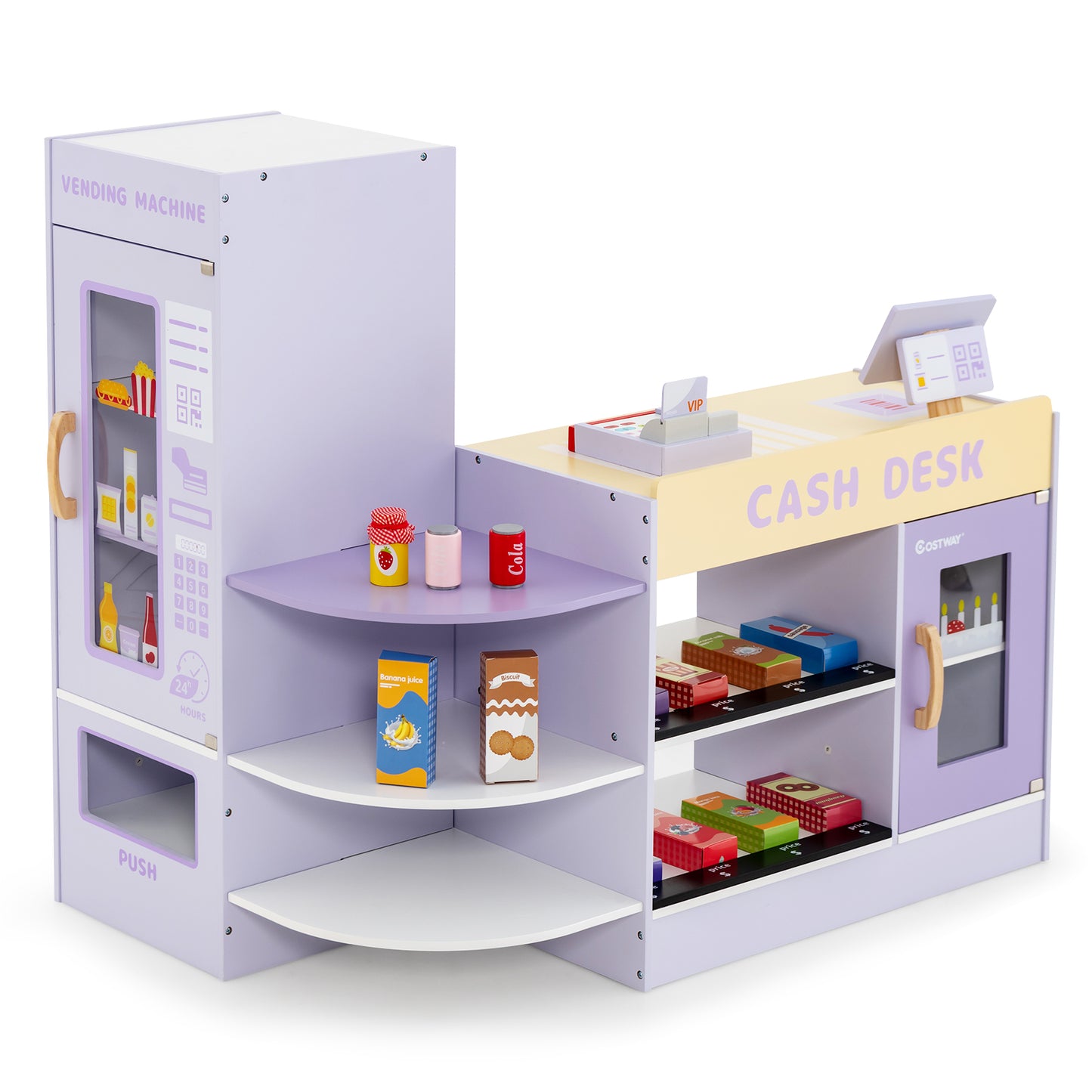 Kids Wooden Supermarket Play Toy Set with Checkout Counter-Green - Purple