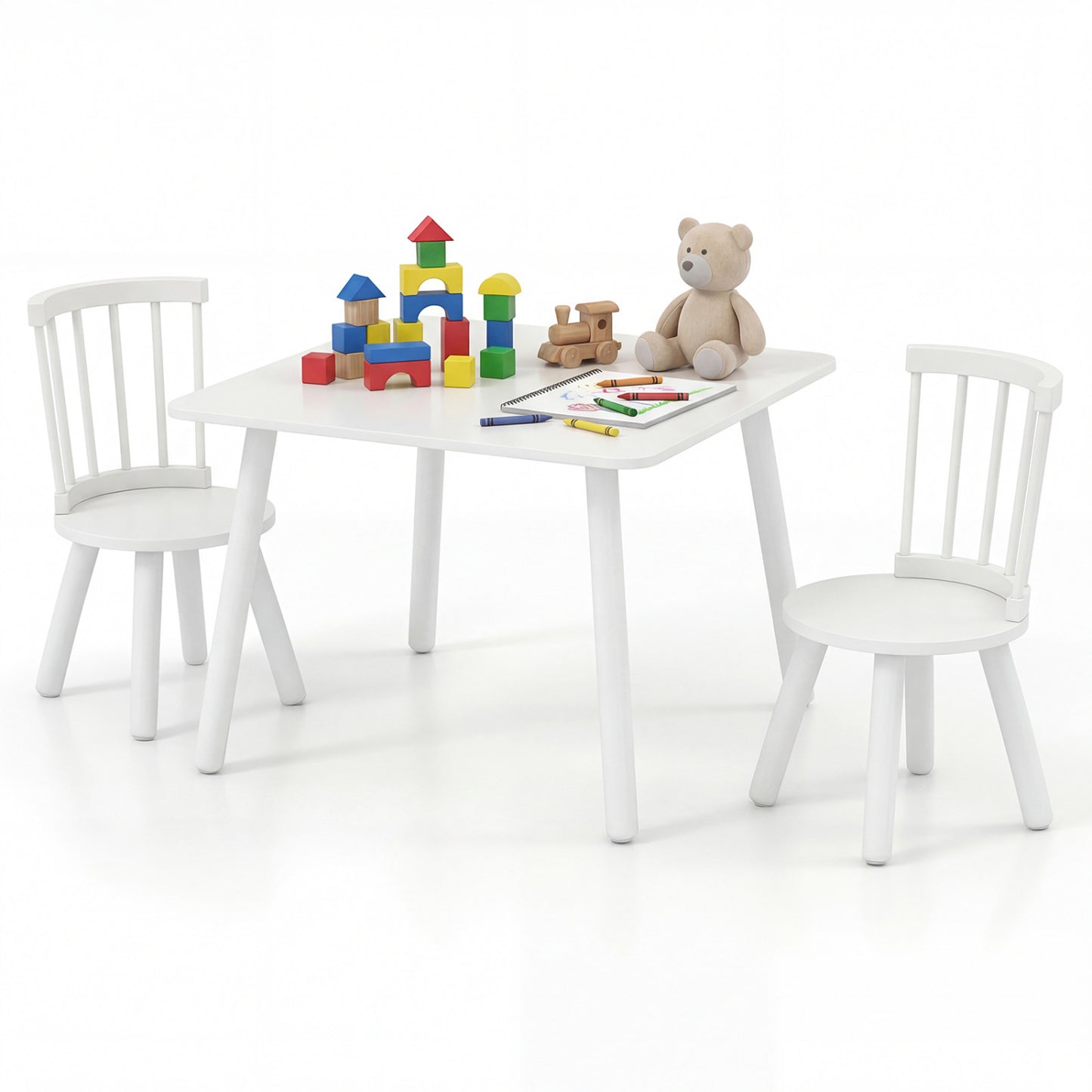 Kids Wooden Table and Chairs Set 3-Piece Toddler Furniture with Pine Wood Frame-White
