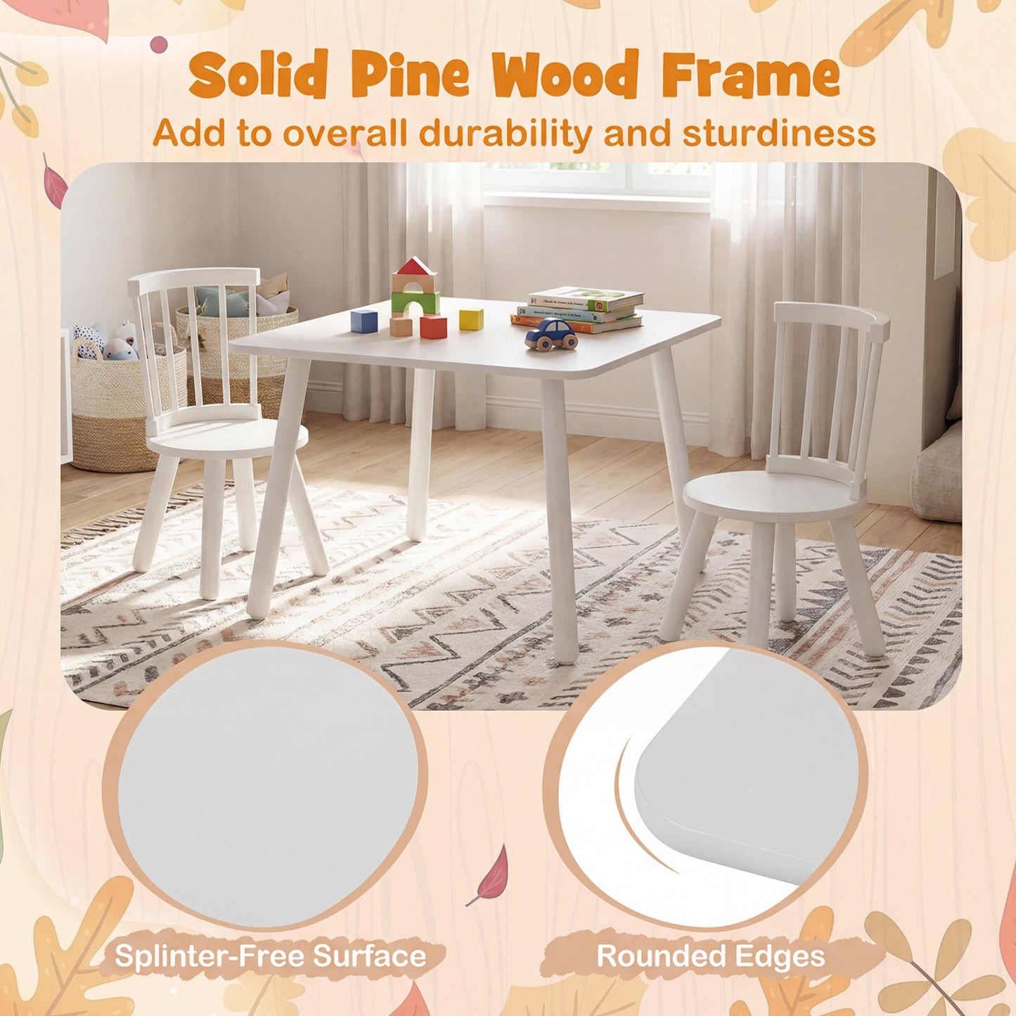 Kids Wooden Table and Chairs Set 3-Piece Toddler Furniture with Pine Wood Frame-White