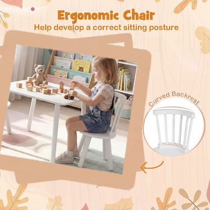 Kids Wooden Table and Chairs Set 3-Piece Toddler Furniture with Pine Wood Frame-White