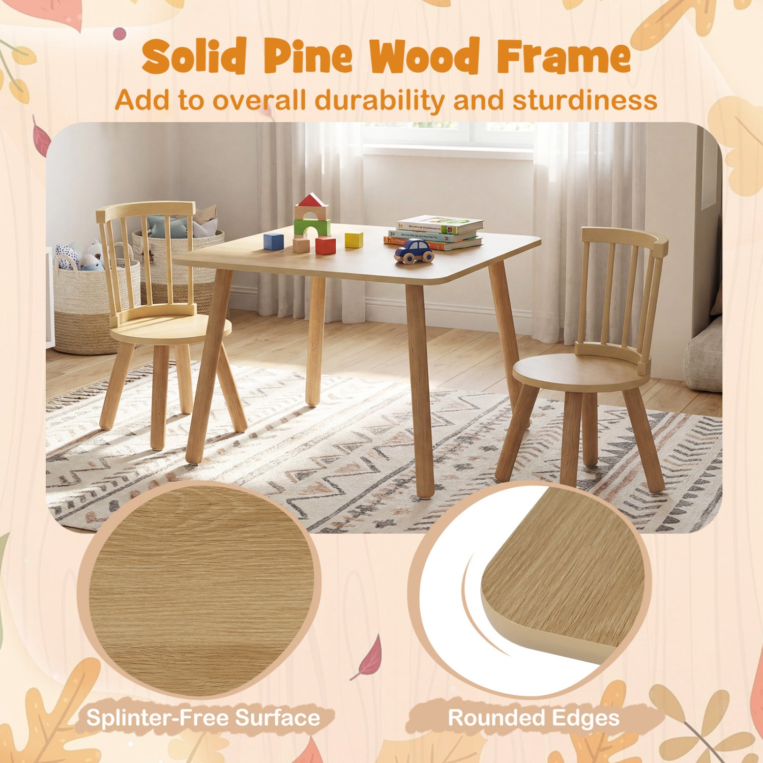 Kids Wooden Table and Chairs Set 3-Piece Toddler Furniture with Pine Wood Frame-Natural