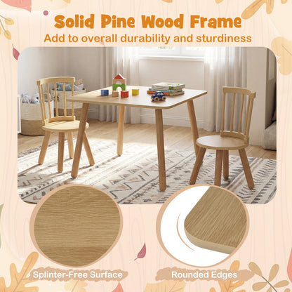 Kids Wooden Table and Chairs Set 3-Piece Toddler Furniture with Pine Wood Frame-Natural