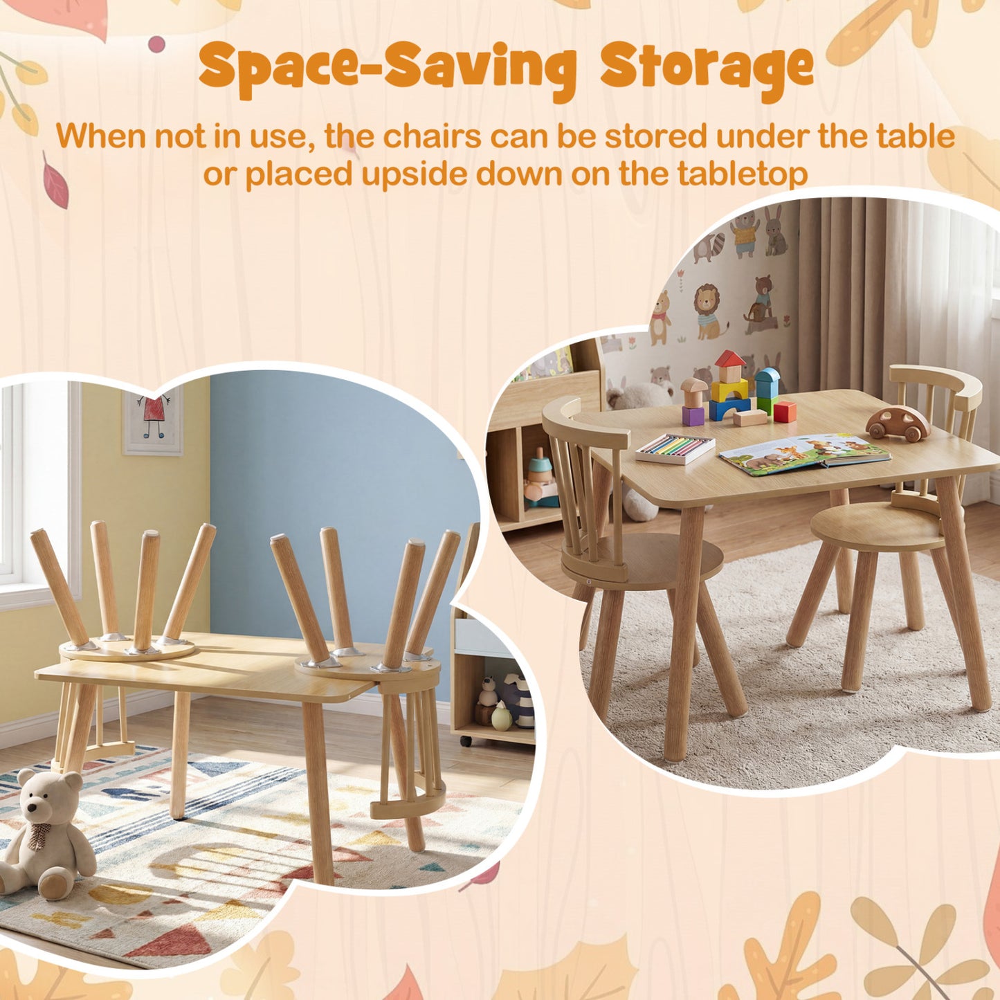 Kids Wooden Table and Chairs Set 3-Piece Toddler Furniture with Pine Wood Frame-Natural