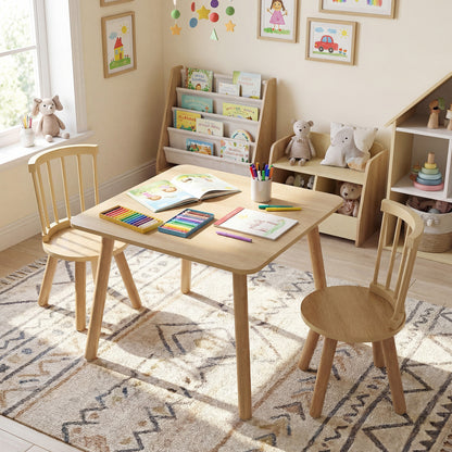 Kids Wooden Table and Chairs Set 3-Piece Toddler Furniture with Pine Wood Frame-Natural