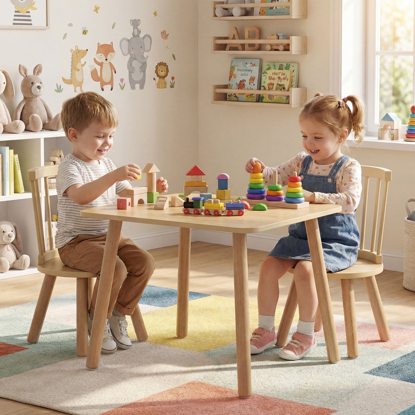 Kids Wooden Table and Chairs Set 3-Piece Toddler Furniture with Pine Wood Frame-Natural