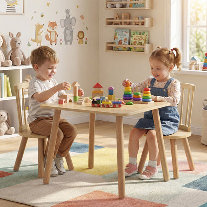 Kids Wooden Table and Chairs Set 3-Piece Toddler Furniture with Pine Wood Frame-Natural