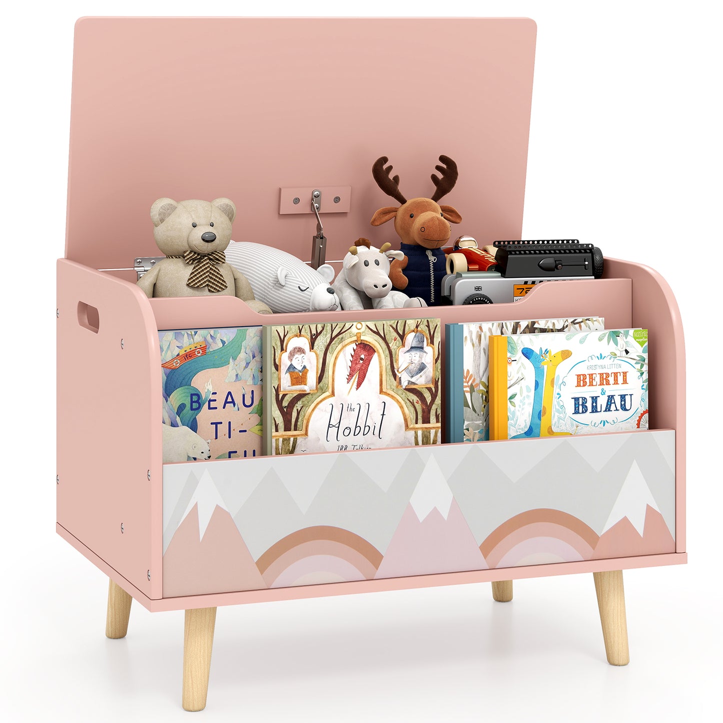 Kids Wooden Toy Box with Front Bookshelf and 4 Solid Wood Legs for Playroom-Pink
