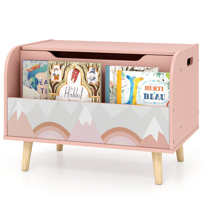 Kids Wooden Toy Box with Front Bookshelf and 4 Solid Wood Legs for Playroom-Pink