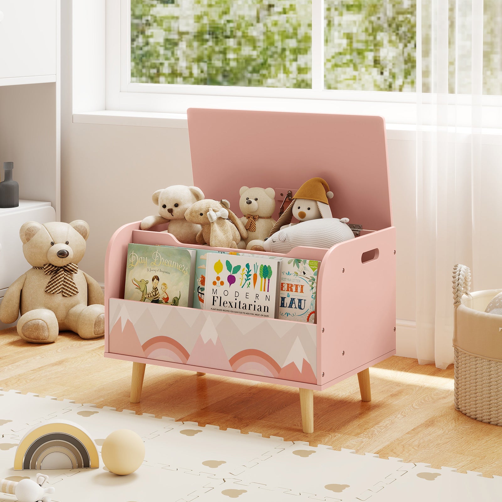 Kids Wooden Toy Box with Front Bookshelf and 4 Solid Wood Legs for Playroom-Pink