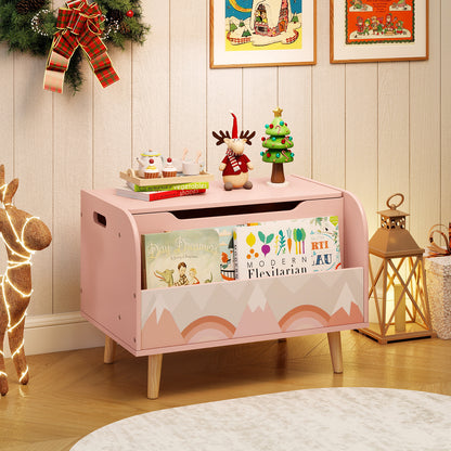 Kids Wooden Toy Box with Front Bookshelf and 4 Solid Wood Legs for Playroom-Pink