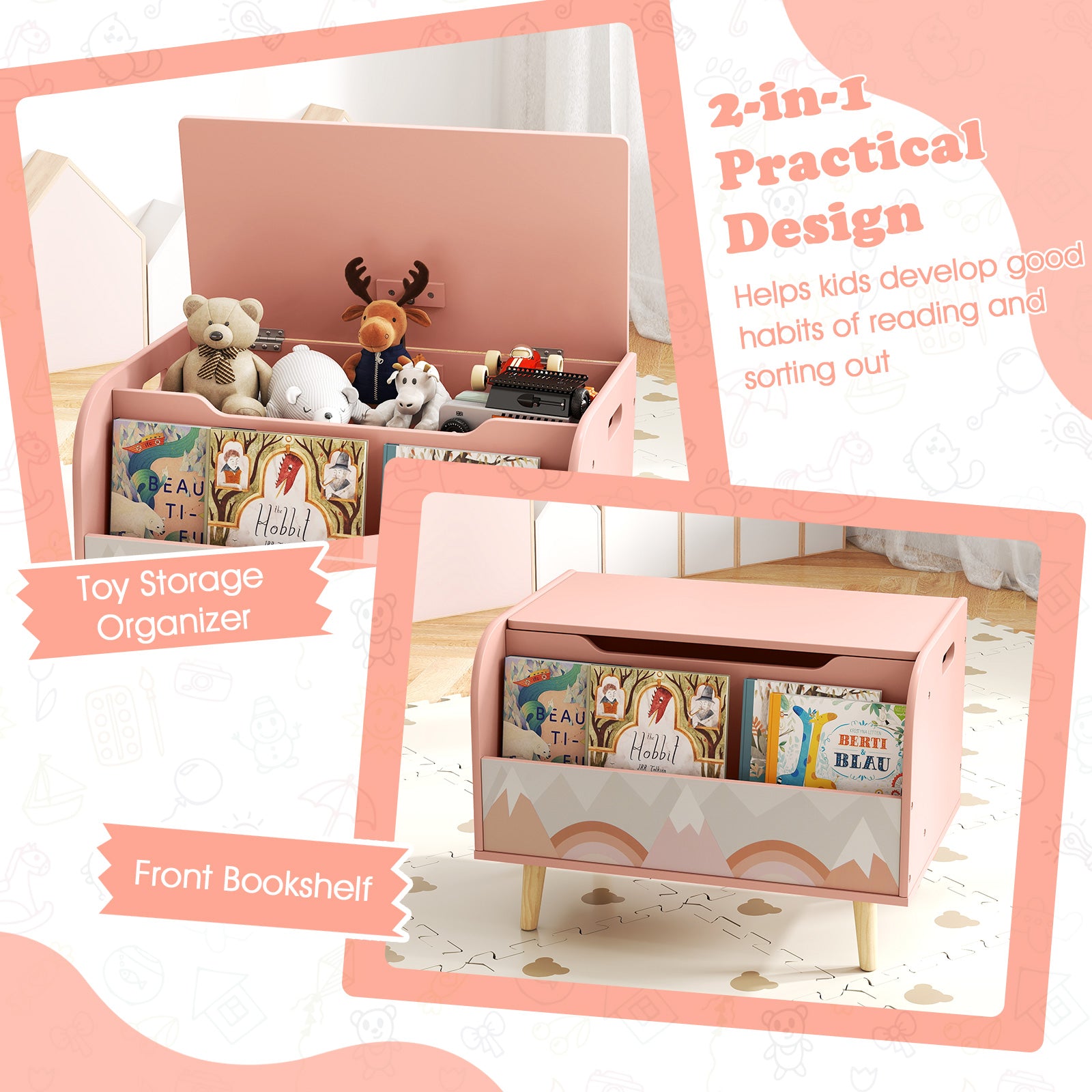Kids Wooden Toy Box with Front Bookshelf and 4 Solid Wood Legs for Playroom-Pink